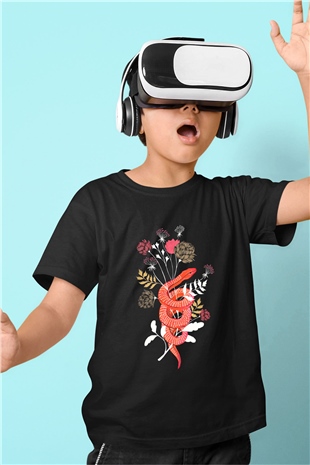 Yılan Baskılı Siyah Unisex Çocuk Tişört