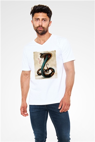Yılan Beyaz Unisex V Yaka Tişört