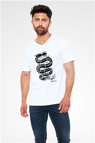 Yılan Beyaz Unisex V Yaka Tişört T-Shirt