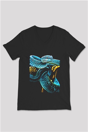 Yılan Siyah Unisex V Yaka Tişört