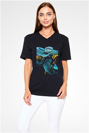 Yılan Siyah Unisex V Yaka Tişört