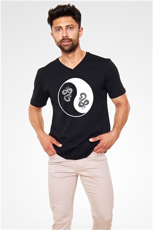 Yılan Siyah Unisex V Yaka Tişört