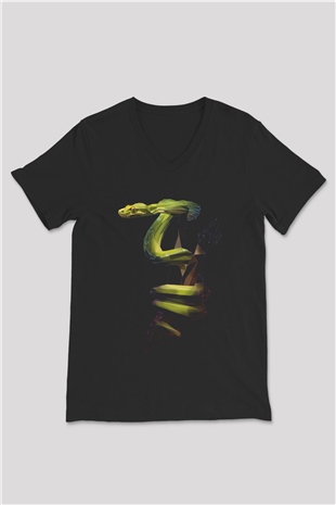 Yılan Siyah Unisex V Yaka Tişört