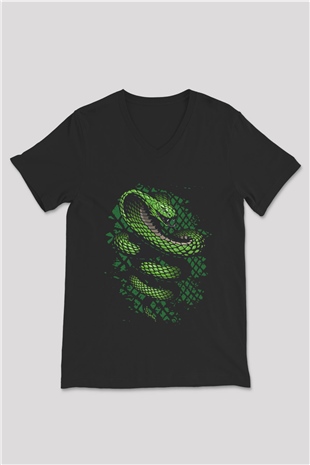 Yılan Siyah Unisex V Yaka Tişört