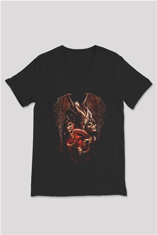 Yılan Siyah Unisex V Yaka Tişört T-Shirt