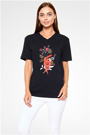 Yılan Siyah Unisex V Yaka Tişört T-Shirt