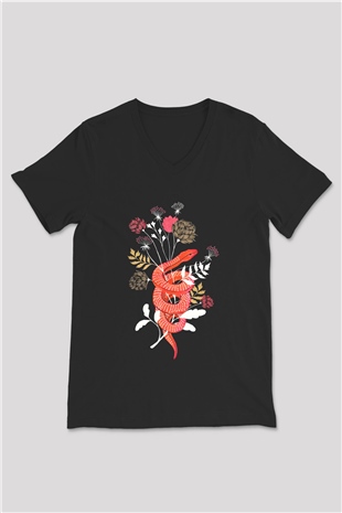 Yılan Siyah Unisex V Yaka Tişört T-Shirt