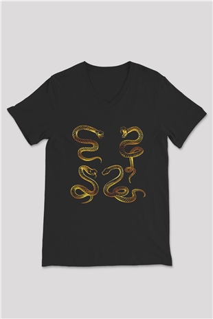 Yılan Siyah Unisex V Yaka Tişört T-Shirt