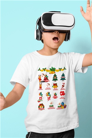 Yılbaşı Baskılı Beyaz Unisex Çocuk Tişört
