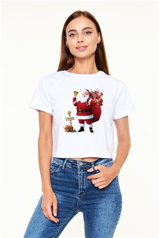 Yılbaşı Beyaz Croptop Tişört