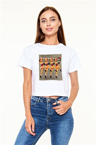 Yılbaşı Beyaz Croptop Tişört