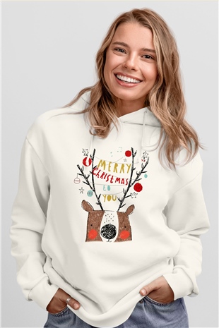 Yılbaşı Beyaz Unisex Kapşonlu Sweatshirt