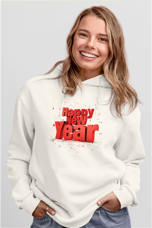 Yılbaşı Beyaz Unisex Kapşonlu Sweatshirt