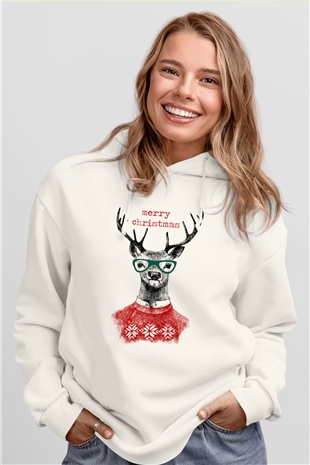 Yılbaşı Beyaz Unisex Kapşonlu Sweatshirt