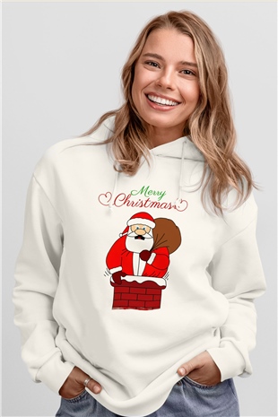 Yılbaşı Beyaz Unisex Kapüşonlu Sweatshirt