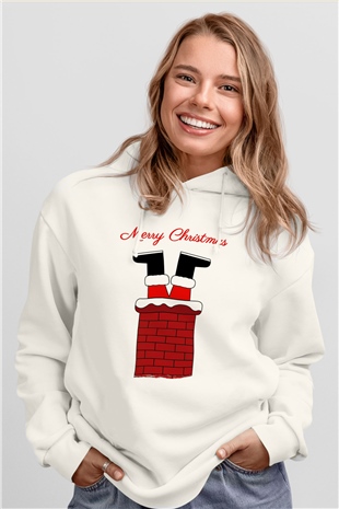 Yılbaşı Beyaz Unisex Kapüşonlu Sweatshirt
