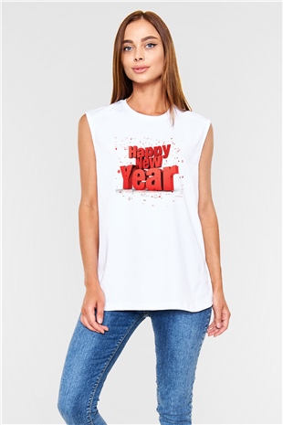 Yılbaşı Beyaz Unisex Kolsuz Tişört