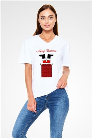 Yılbaşı Beyaz Unisex V Yaka Tişört