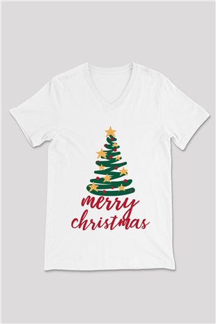 Yılbaşı Beyaz Unisex V Yaka Tişört