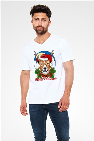 Yılbaşı Beyaz Unisex V Yaka Tişört