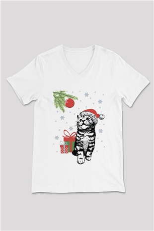 Yılbaşı Beyaz Unisex V Yaka Tişört