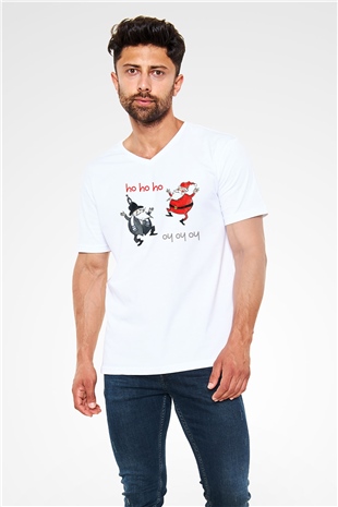 Yılbaşı Beyaz Unisex V Yaka Tişört