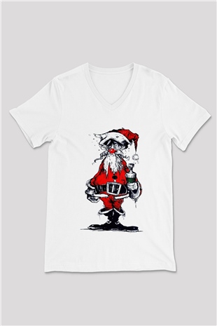 Yılbaşı Beyaz Unisex V Yaka Tişört