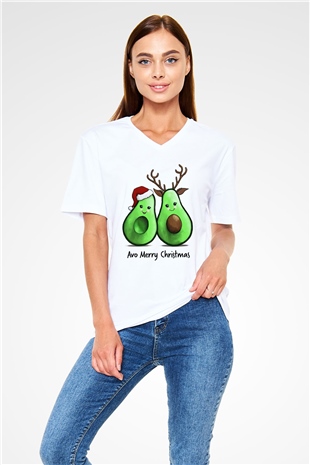 Yılbaşı Beyaz Unisex V Yaka Tişört