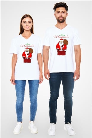 Yılbaşı Beyaz Unisex V Yaka Tişört