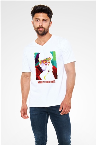 Yılbaşı Beyaz Unisex V Yaka Tişört