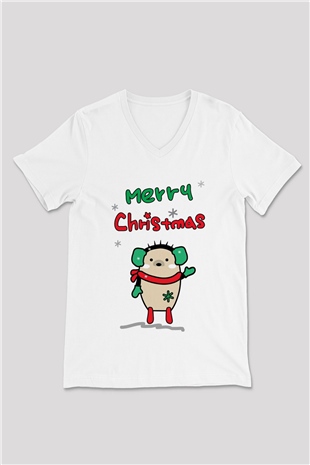 Yılbaşı Beyaz Unisex V Yaka Tişört