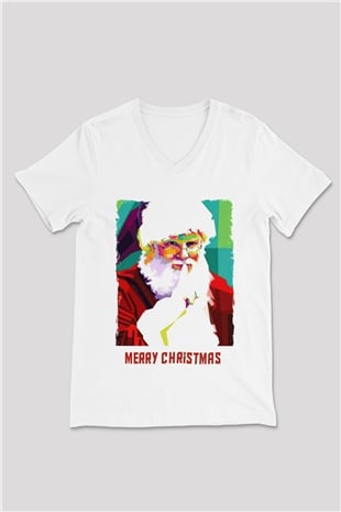 Yılbaşı Beyaz Unisex V Yaka Tişört