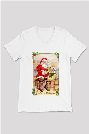 Yılbaşı Beyaz Unisex V Yaka Tişört T-Shirt