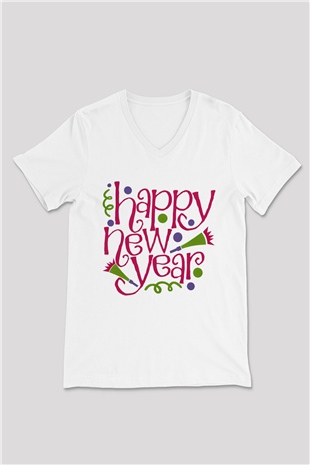 Yılbaşı Beyaz Unisex V Yaka Tişört T-Shirt