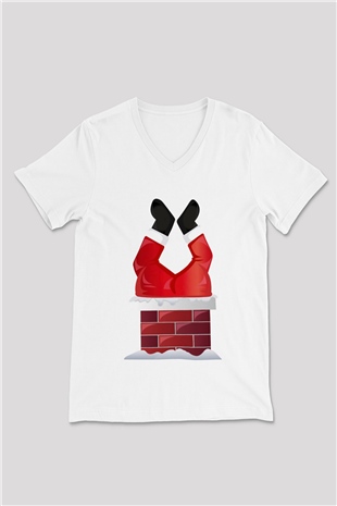 Yılbaşı Beyaz Unisex V Yaka Tişört T-Shirt