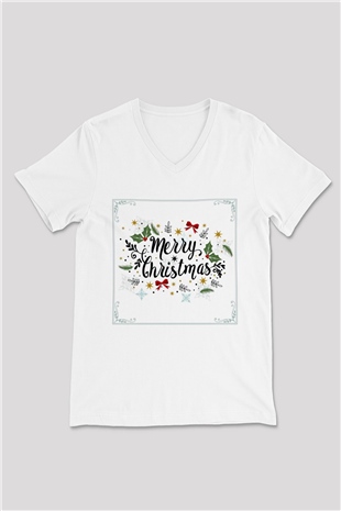 Yılbaşı Beyaz Unisex V Yaka Tişört T-Shirt