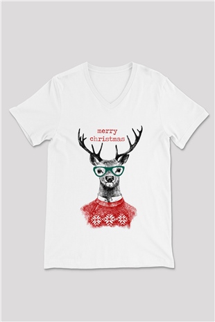 Yılbaşı Beyaz Unisex V Yaka Tişört T-Shirt
