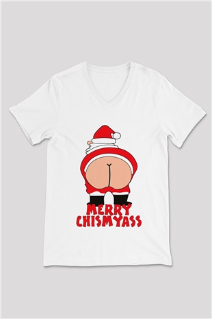 Yılbaşı Beyaz Unisex V Yaka Tişört T-Shirt