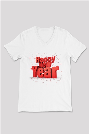 Yılbaşı Beyaz Unisex V Yaka Tişört T-Shirt