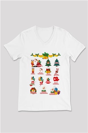 Yılbaşı Beyaz Unisex V Yaka Tişört T-Shirt