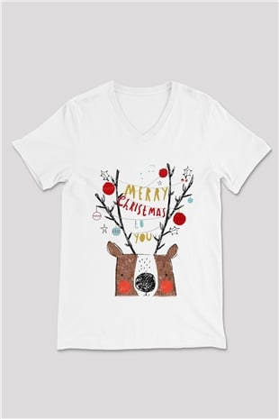 Yılbaşı Beyaz Unisex V Yaka Tişört T-Shirt