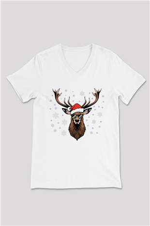 Yılbaşı Beyaz Unisex V Yaka Tişört T-Shirt