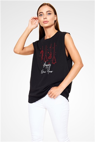 Yılbaşı Siyah Unisex Kolsuz Tişört