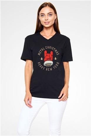 Yılbaşı Siyah Unisex V Yaka Tişört