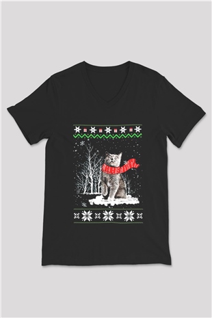 Yılbaşı Siyah Unisex V Yaka Tişört