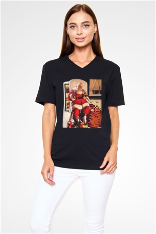 Yılbaşı Siyah Unisex V Yaka Tişört T-Shirt