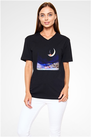 Yılbaşı Siyah Unisex V Yaka Tişört T-Shirt