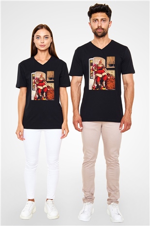 Yılbaşı Siyah Unisex V Yaka Tişört T-Shirt