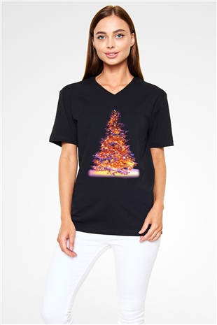 Yılbaşı Siyah Unisex V Yaka Tişört T-Shirt