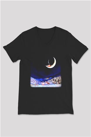 Yılbaşı Siyah Unisex V Yaka Tişört T-Shirt